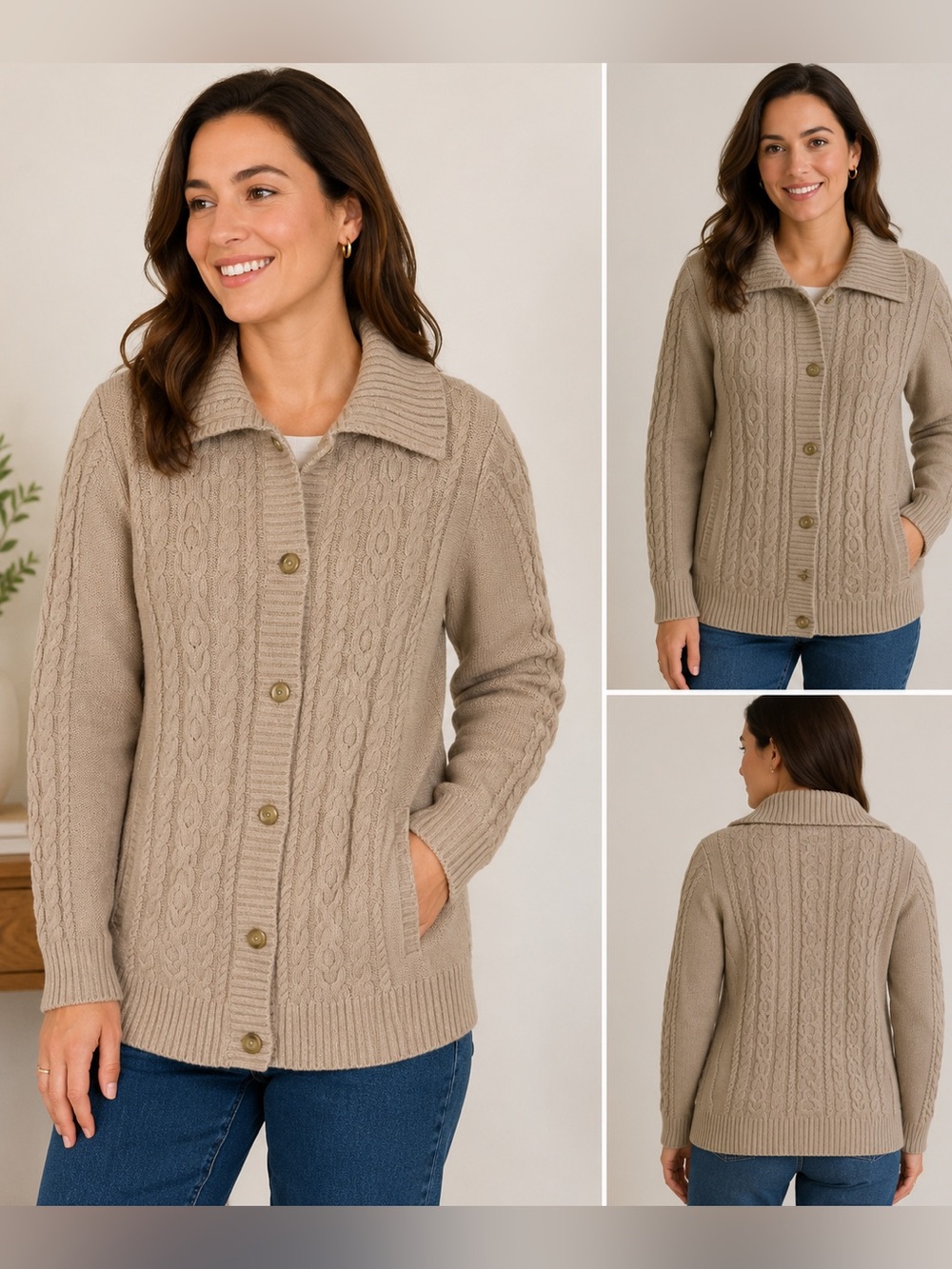 L.L. Bean Fisherman‎ Cable Knit Cream Cardigan Size Large